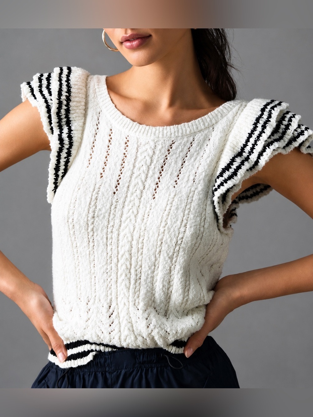 Maeve ruffle sleeve cable knit short sleeve sweater top, small